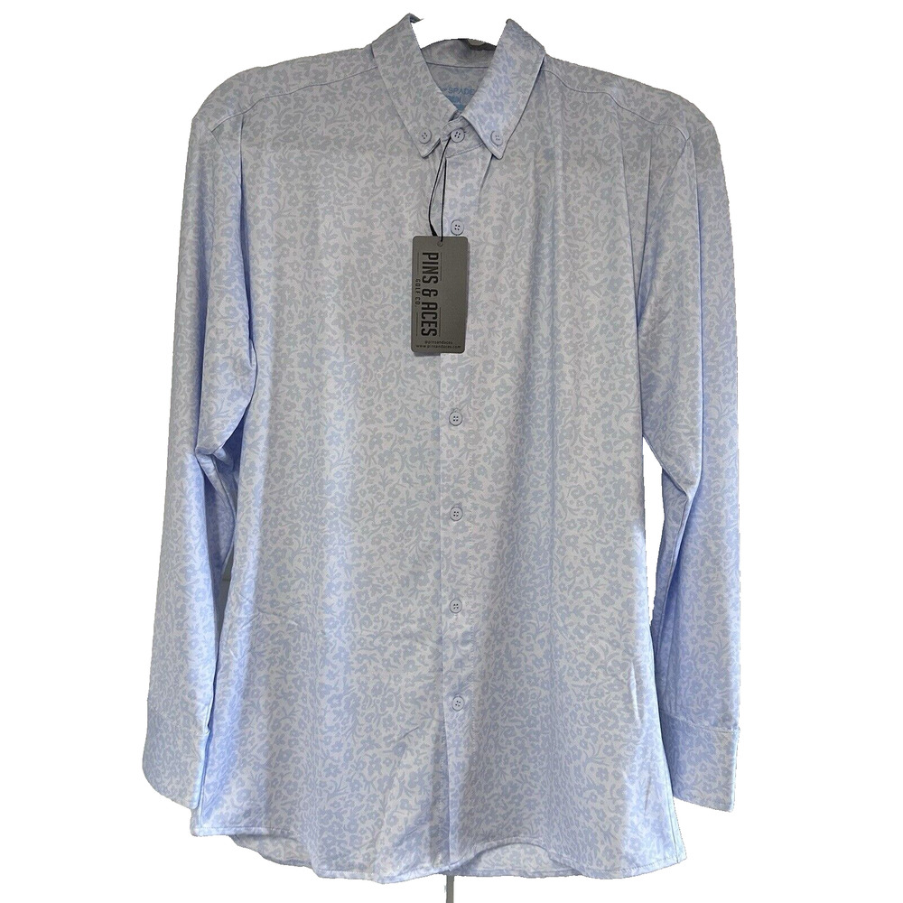 Pins & Aces Ace of Spades Blue Floral Leopard Golf Shirt Mens Medium NWT‎ L/S
